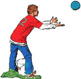 Ein Ball fangen, weiter werfen und sich setzen.