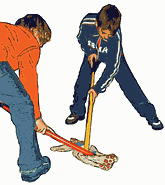 Mit einem Karton als Helm mit kleinen Sehschlitzen Hausfrauenhockey spielen.